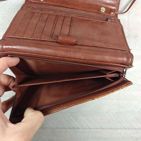 Vintage Carryland Genuine Leather Brown Crossbody Wallet Organizer Croc Embossed - Picture 5 of 8